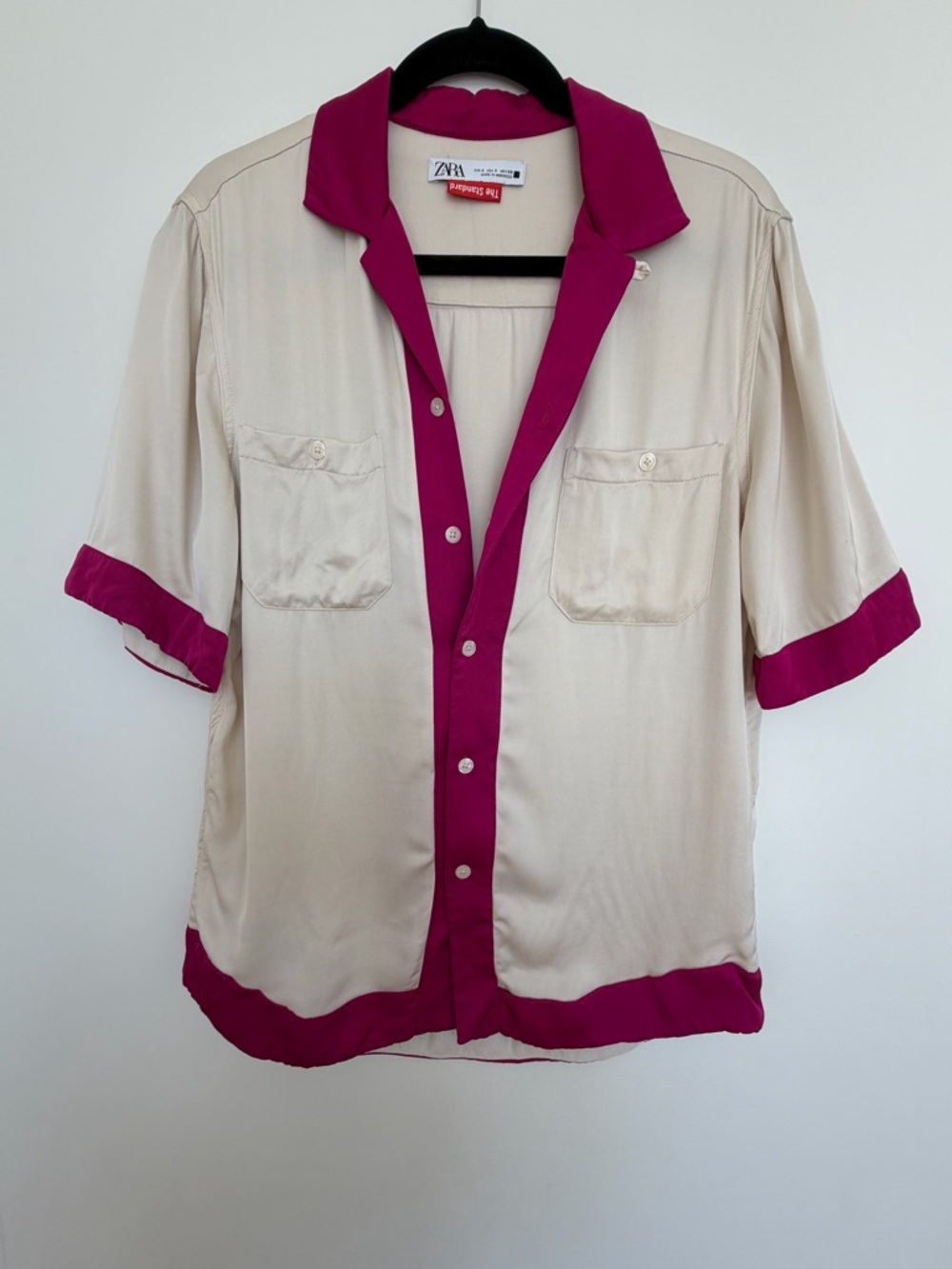 Zara Cream Button-Down Shirt with Fuchsia Trim